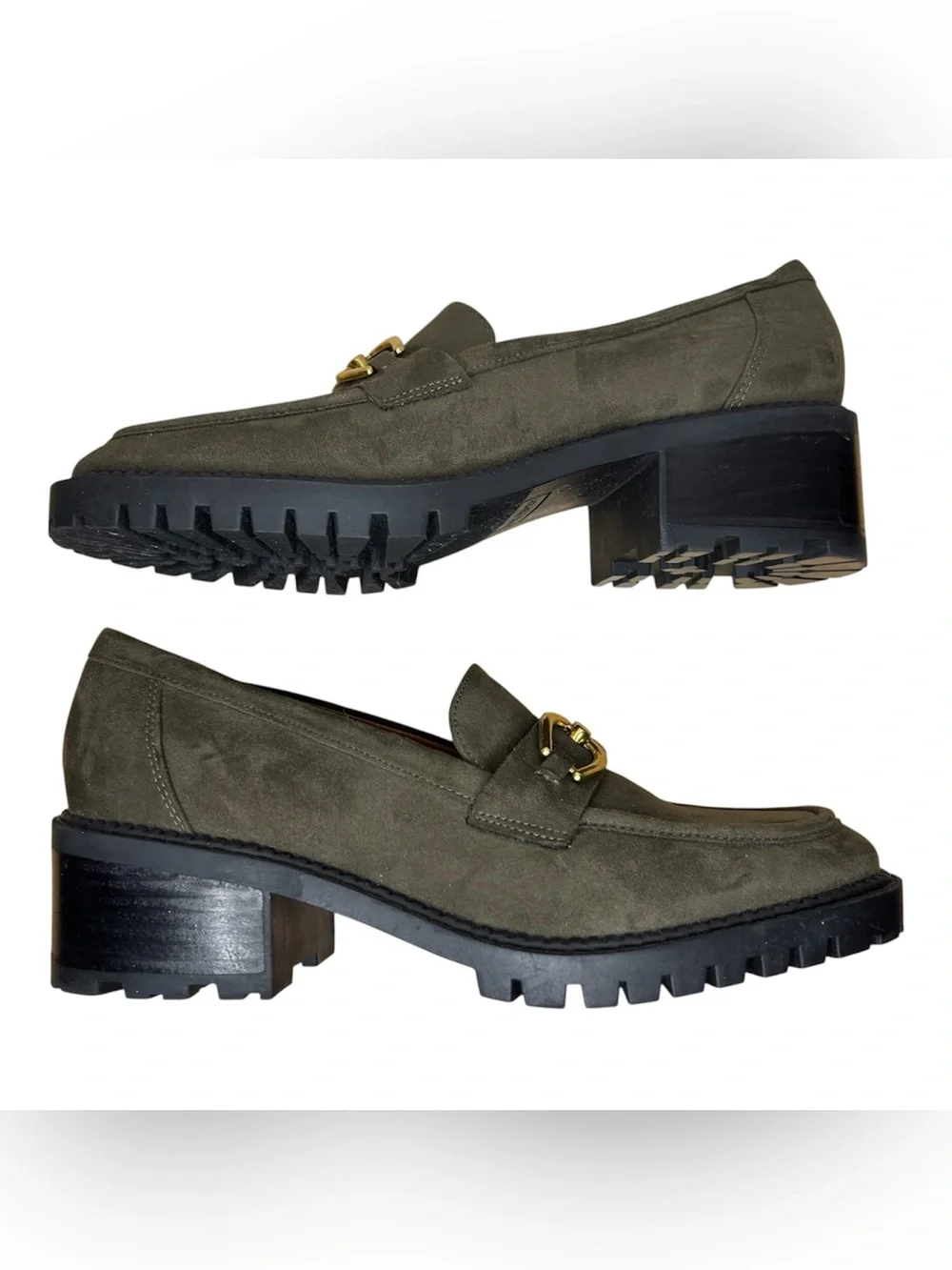 Marc Fisher Olive Green Suede Lug Sole Loafers with Gold details size 8.5